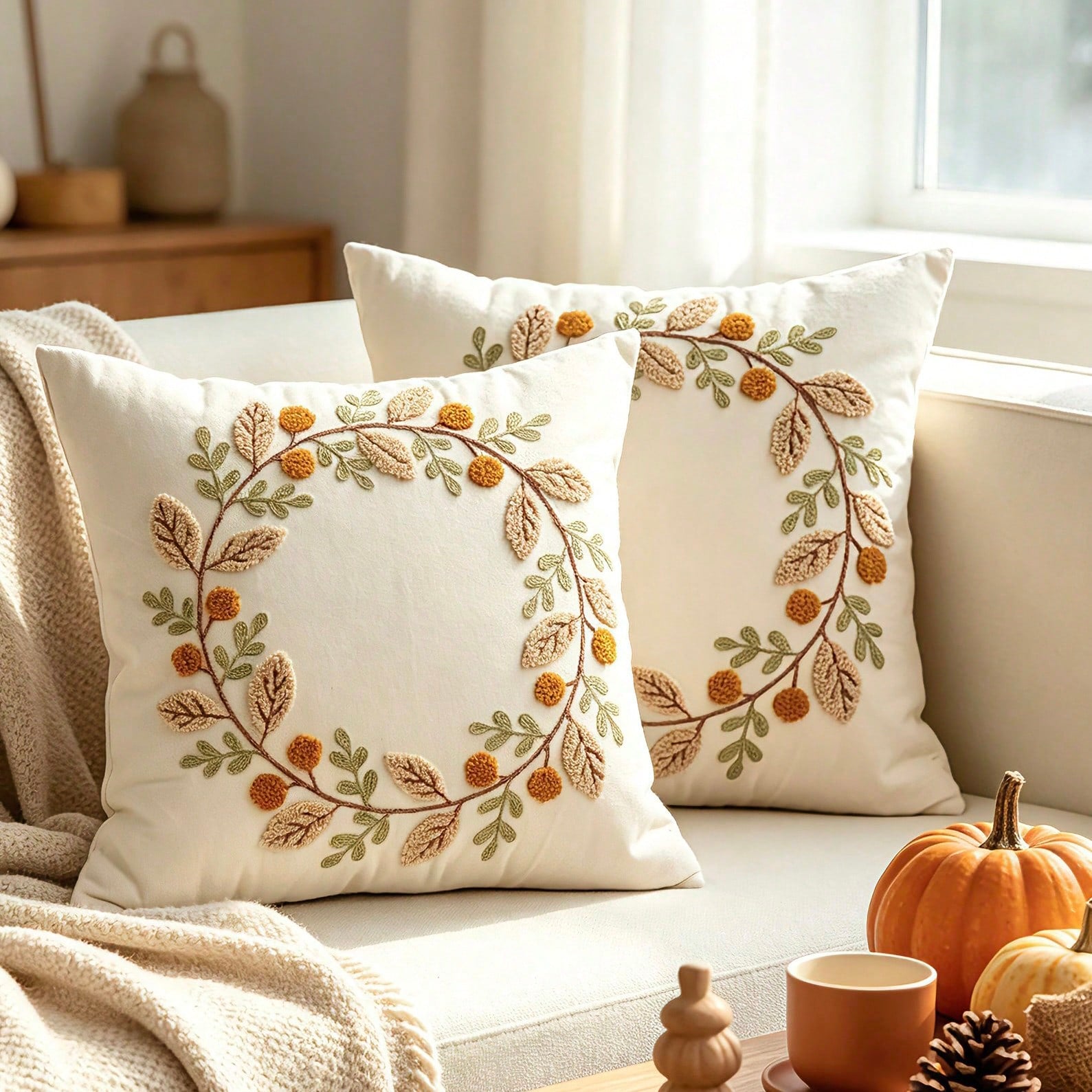 1pc Fall Throw Pillow Covers Embroidery Autumn Thanksgiving Leaf Maple Leaves Decorative Cushion Cases Decor Home Decorations For Couch Patio Furniture Bed Room Livingroom Sofa Porch