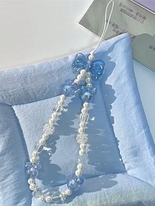 1pc Fashion Minimalist Blue & White Bowknot Faux Pearl Beaded Phone Strap, Suitable As Gift For Any Occasion