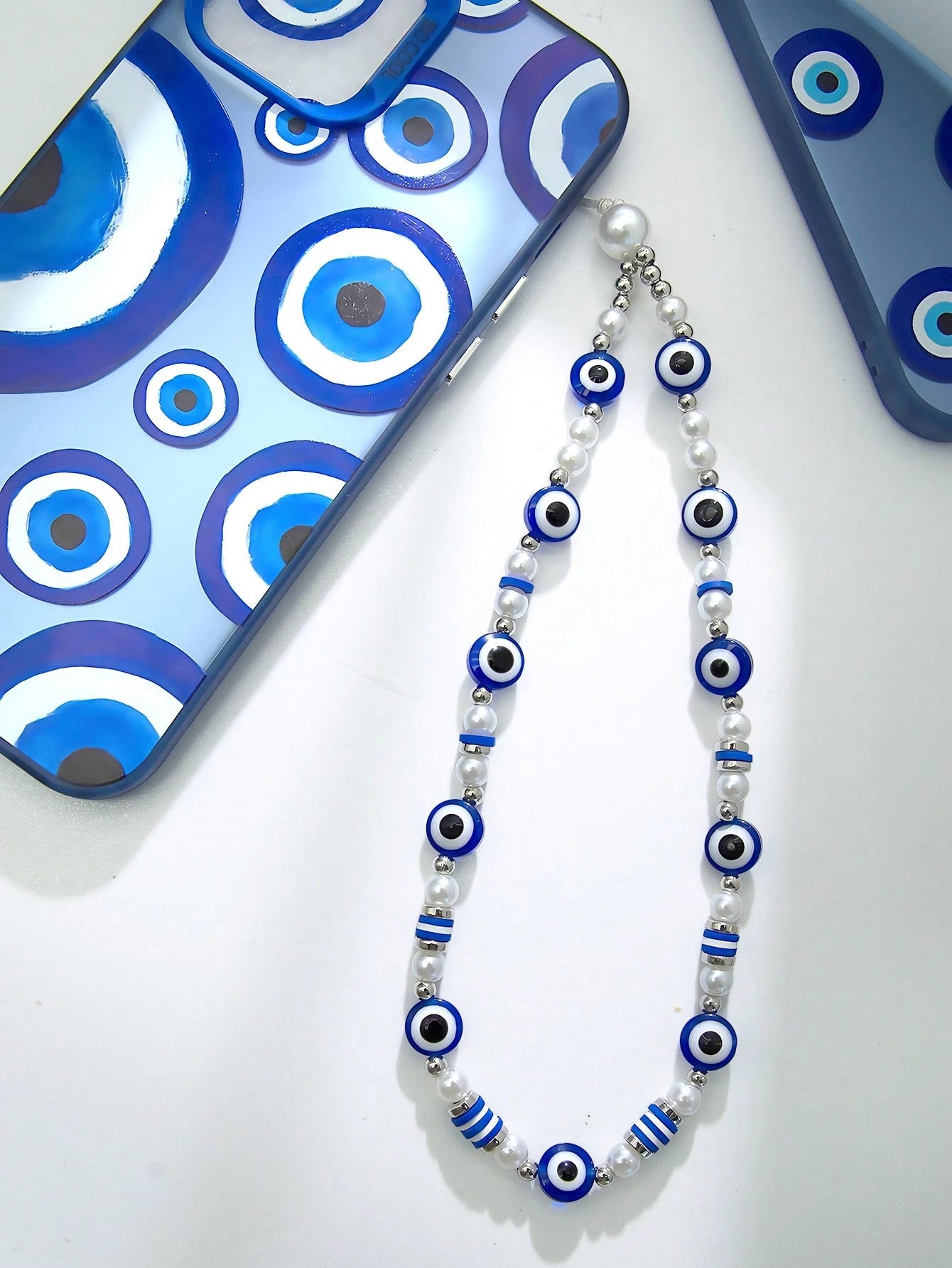 1pc Fashion Minimalist Blue & White Bowknot Faux Pearl Beaded Phone Strap, Suitable As Gift For Any Occasion