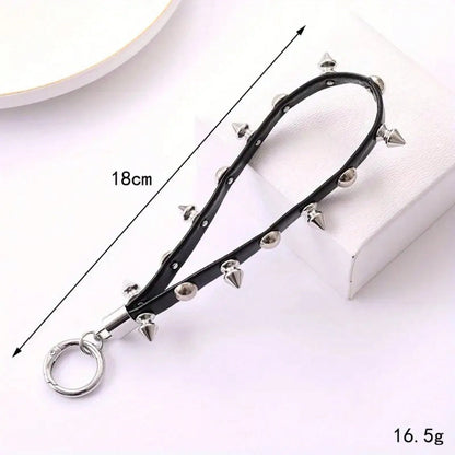 1pc Fashion Punk Spike Leather Keychain Wrist Strap, Black Riveted Strap With Metal Ring, For Daily Outings, Music Festivals, Key & Bag Accessory