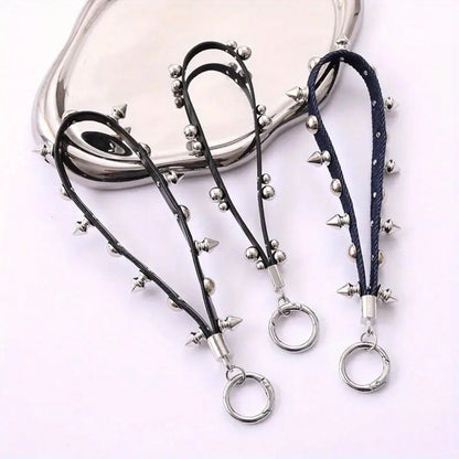 1pc Fashion Punk Spike Leather Keychain Wrist Strap, Black Riveted Strap With Metal Ring, For Daily Outings, Music Festivals, Key & Bag Accessory