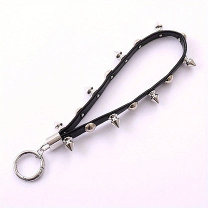 1pc Fashion Punk Spike Leather Keychain Wrist Strap, Black Riveted Strap With Metal Ring, For Daily Outings, Music Festivals, Key & Bag Accessory