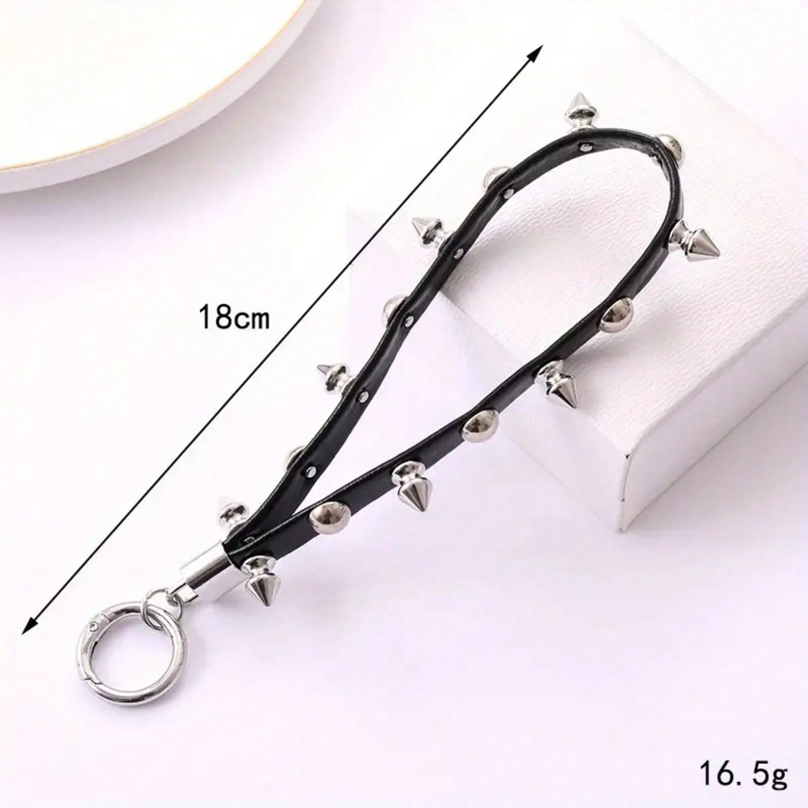 1pc Fashion Punk Spike Leather Keychain Wrist Strap, Black Riveted Strap With Metal Ring, For Daily Outings, Music Festivals, Key & Bag Accessory