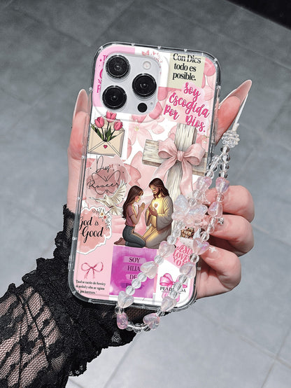 1pc Fashion Text Cross Jesus Phone Case Protective Cover, Bowknot Lanyard, Soft TPU Shockproof Anti-Fall Full Coverage Phone Case, Compatible With Iphone17/17Air/17pro/17promax/16/16plus/16pro/16Proma