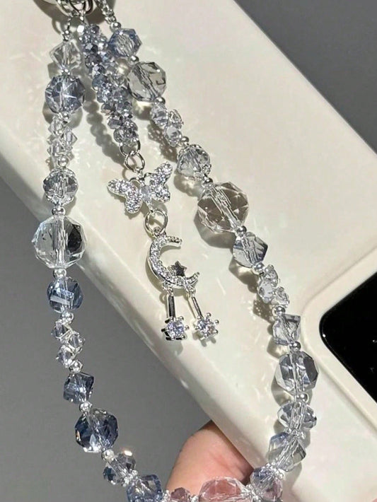 1pc Fashionable Luxury "Iceberg Blue" Icy Cube Beaded Phone Lanyard, Summer New Arrival, Exquisite Sparkling Niche Phone Charm With Transparent Pad, Practical And Elegant
