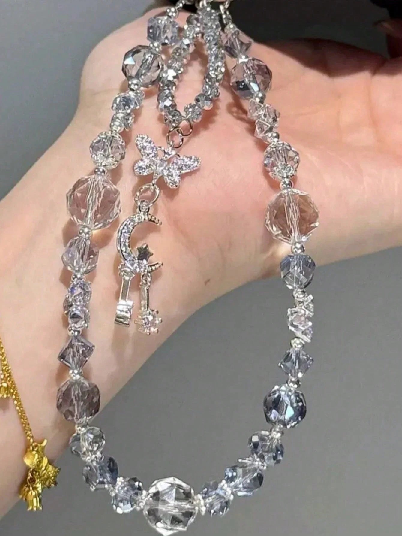 1pc Fashionable Luxury "Iceberg Blue" Icy Cube Beaded Phone Lanyard, Summer New Arrival, Exquisite Sparkling Niche Phone Charm With Transparent Pad, Practical And Elegant
