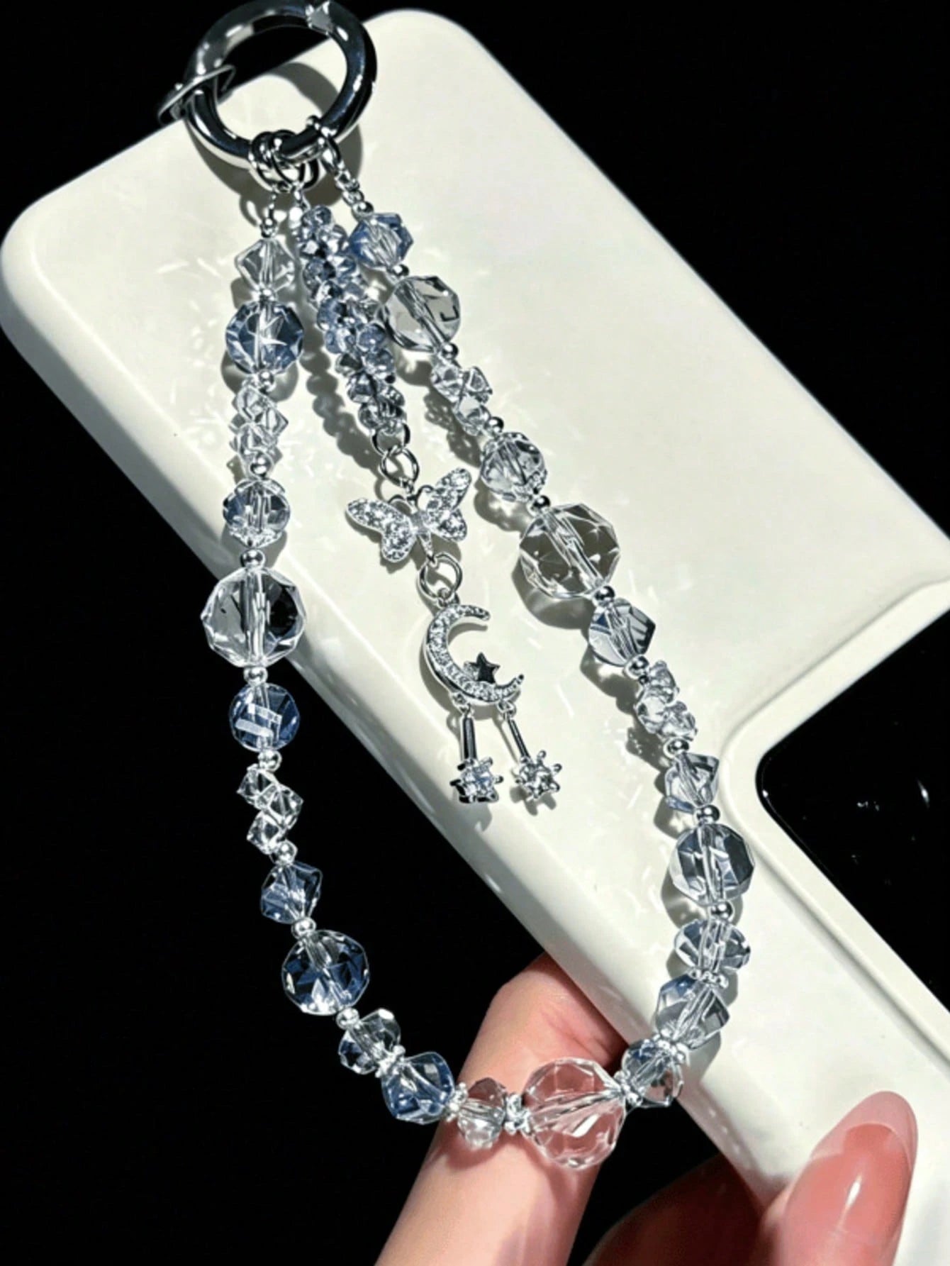 1pc Fashionable Luxury "Iceberg Blue" Icy Cube Beaded Phone Lanyard, Summer New Arrival, Exquisite Sparkling Niche Phone Charm With Transparent Pad, Practical And Elegant