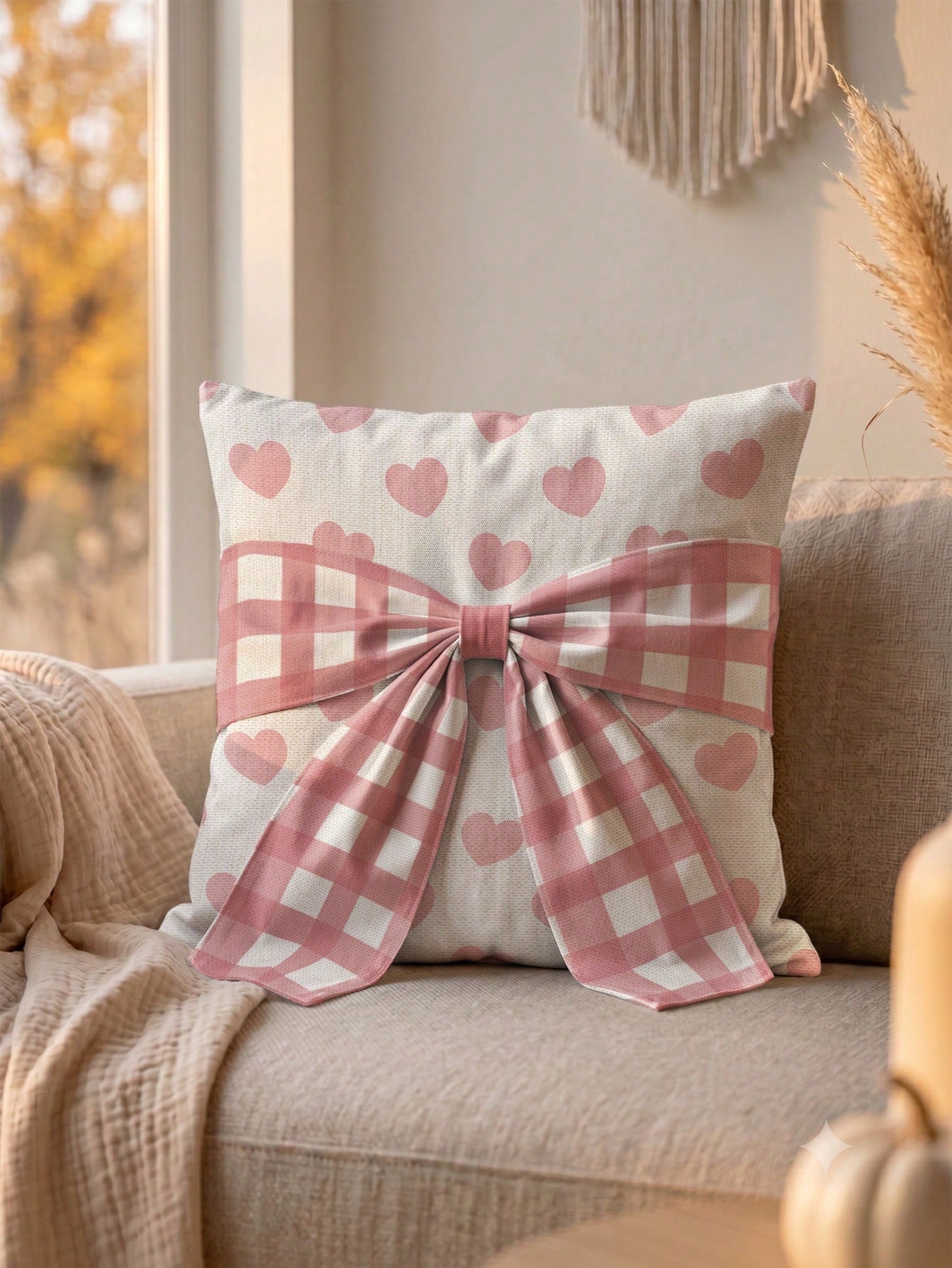 1pc Faux Linen Pink Heart Pattern Bow Tie Decorative Cushion Cover, Single-Sided Print Faux Linen Polyester Material, 45*45CM/18*18inch Pillowcase Suitable For Room Decoration, Modern Minimalist Sofa
