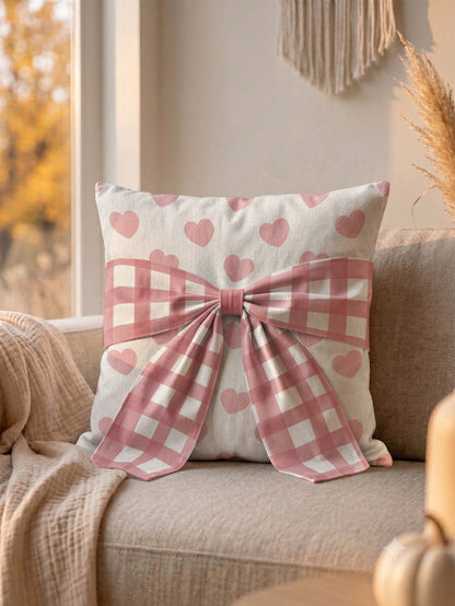 1pc Faux Linen Pink Heart Pattern Bow Tie Decorative Cushion Cover, Single-Sided Print Faux Linen Polyester Material, 45*45CM/18*18inch Pillowcase Suitable For Room Decoration, Modern Minimalist Sofa