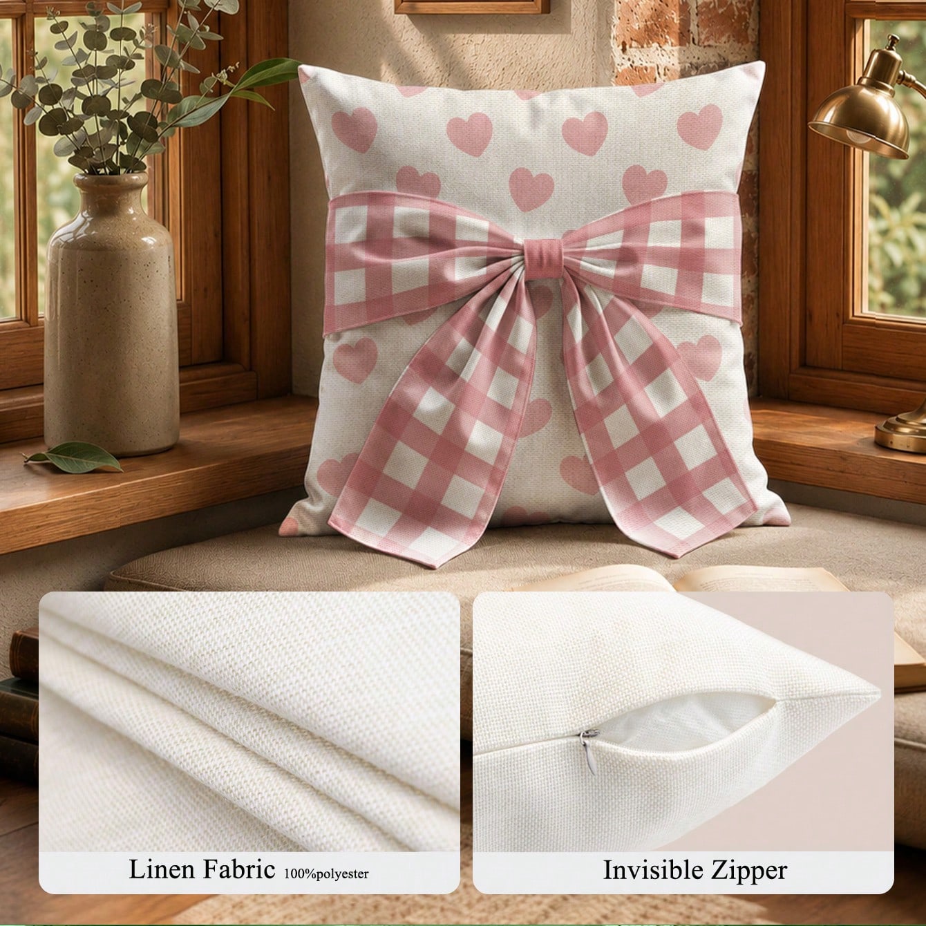 1pc Faux Linen Pink Heart Pattern Bow Tie Decorative Cushion Cover, Single-Sided Print Faux Linen Polyester Material, 45*45CM/18*18inch Pillowcase Suitable For Room Decoration, Modern Minimalist Sofa
