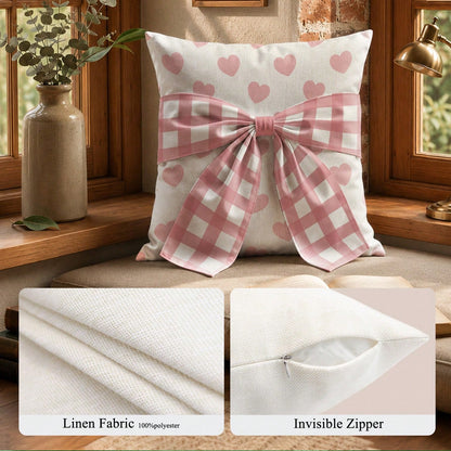 1pc Faux Linen Pink Heart Pattern Bow Tie Decorative Cushion Cover, Single-Sided Print Faux Linen Polyester Material, 45*45CM/18*18inch Pillowcase Suitable For Room Decoration, Modern Minimalist Sofa