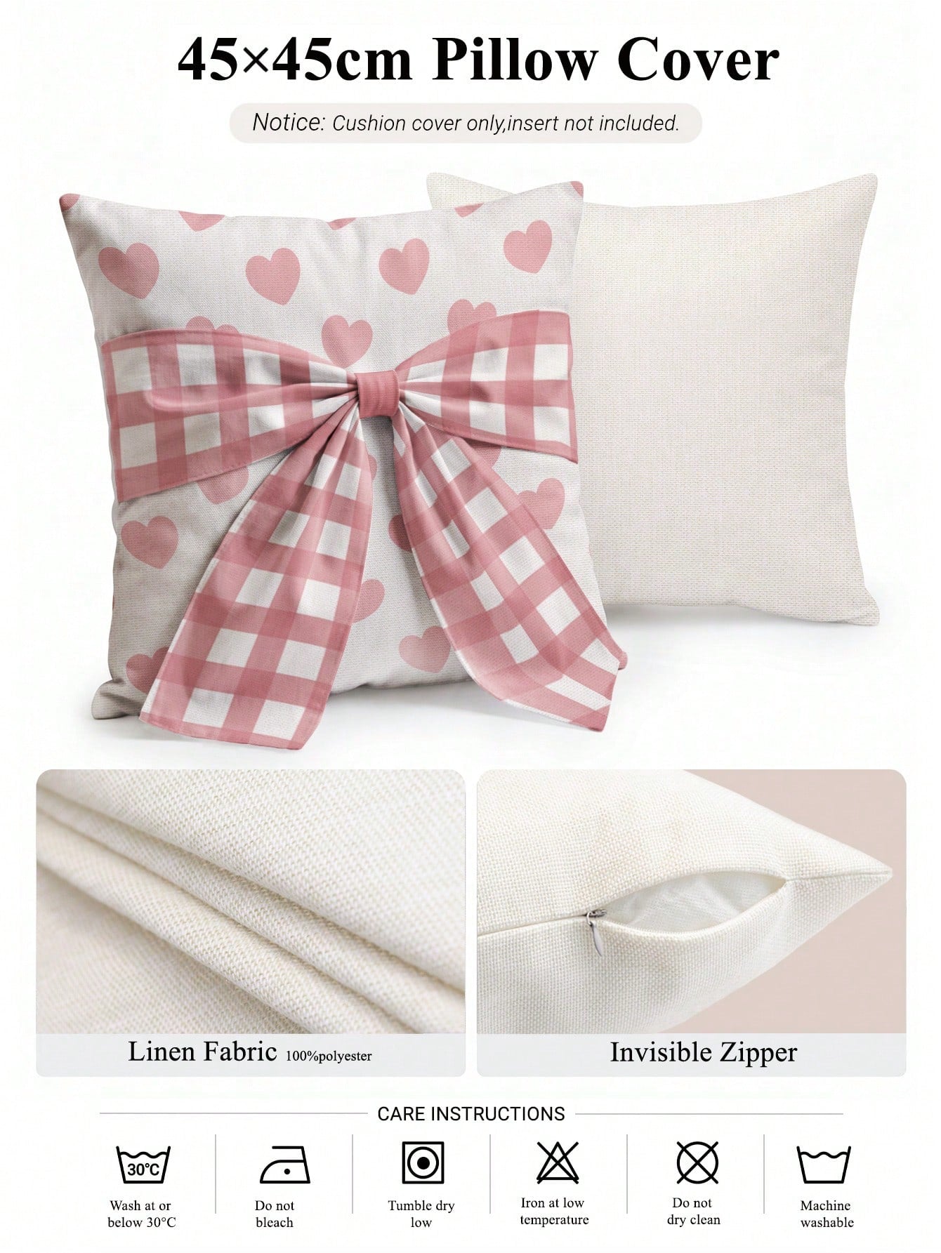 1pc Faux Linen Pink Heart Pattern Bow Tie Decorative Cushion Cover, Single-Sided Print Faux Linen Polyester Material, 45*45CM/18*18inch Pillowcase Suitable For Room Decoration, Modern Minimalist Sofa
