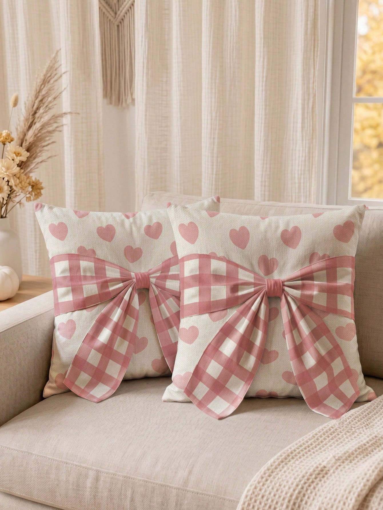 1pc Faux Linen Pink Heart Pattern Bow Tie Decorative Cushion Cover, Single-Sided Print Faux Linen Polyester Material, 45*45CM/18*18inch Pillowcase Suitable For Room Decoration, Modern Minimalist Sofa