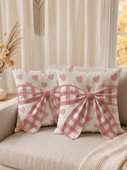 1pc Faux Linen Pink Heart Pattern Bow Tie Decorative Cushion Cover, Single-Sided Print Faux Linen Polyester Material, 45*45CM/18*18inch Pillowcase Suitable For Room Decoration, Modern Minimalist Sofa