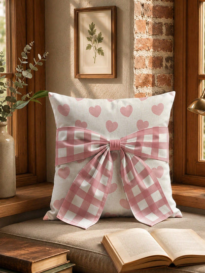 1pc Faux Linen Pink Heart Pattern Bow Tie Decorative Cushion Cover, Single-Sided Print Faux Linen Polyester Material, 45*45CM/18*18inch Pillowcase Suitable For Room Decoration, Modern Minimalist Sofa