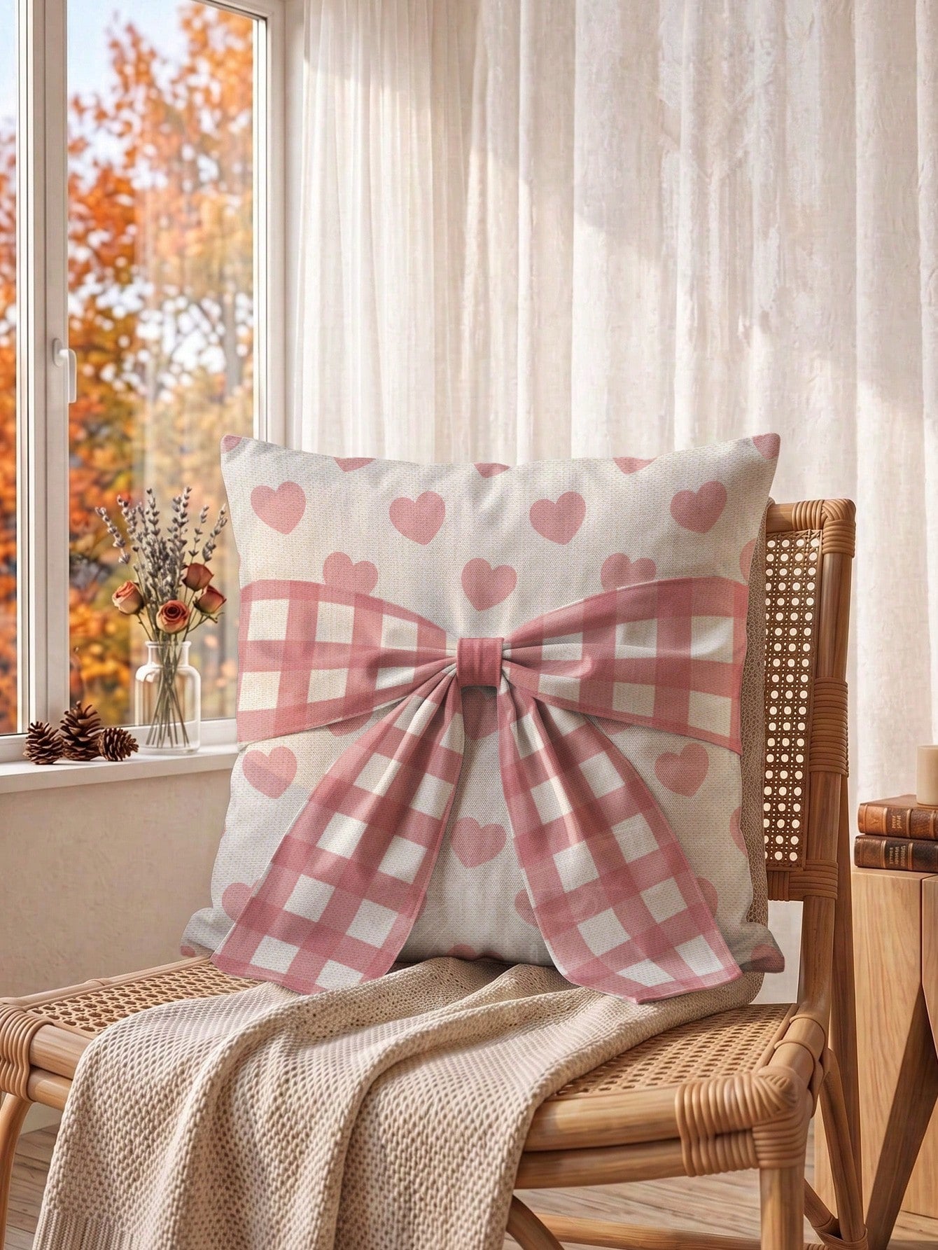 1pc Faux Linen Pink Heart Pattern Bow Tie Decorative Cushion Cover, Single-Sided Print Faux Linen Polyester Material, 45*45CM/18*18inch Pillowcase Suitable For Room Decoration, Modern Minimalist Sofa