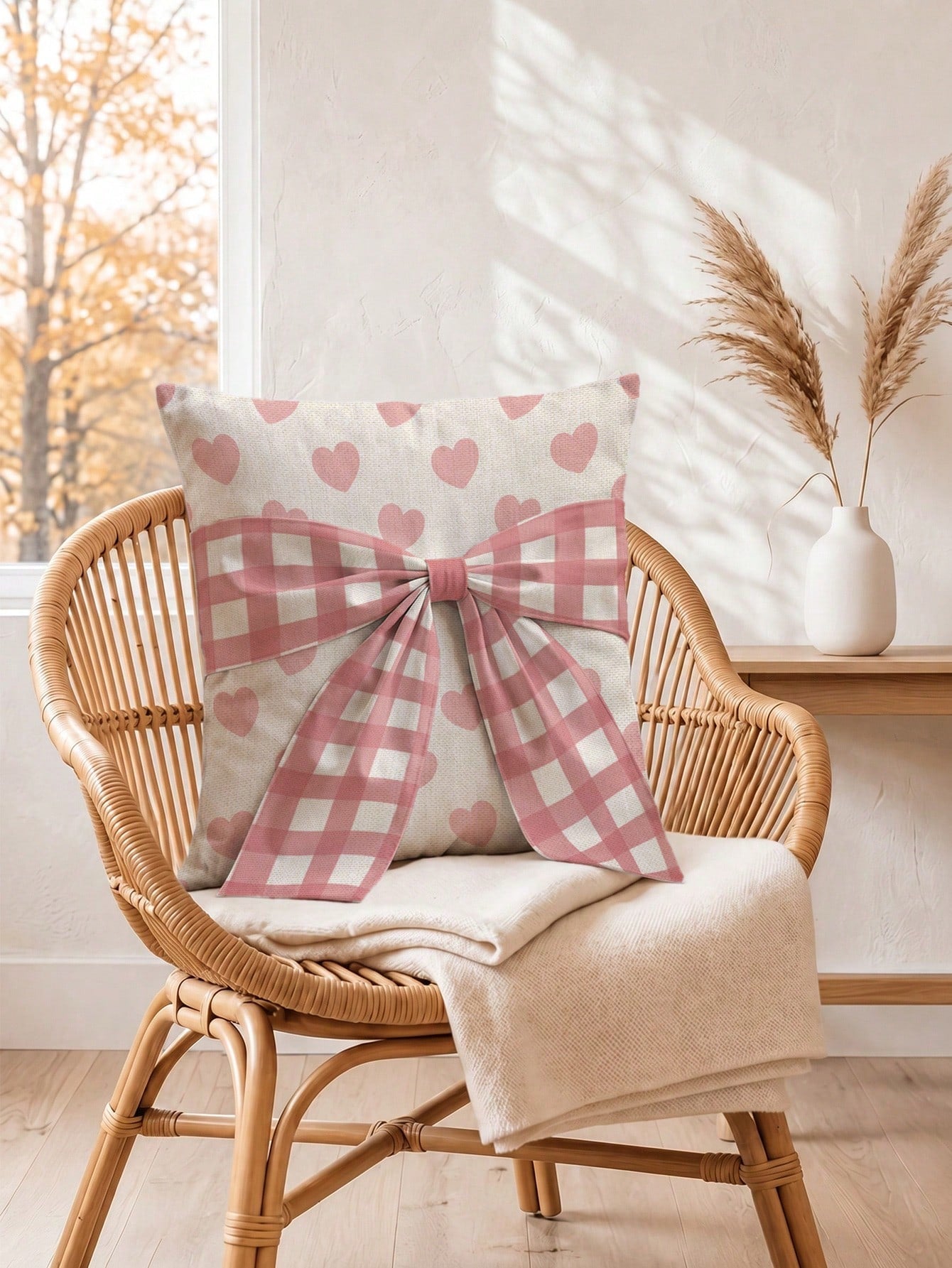 1pc Faux Linen Pink Heart Pattern Bow Tie Decorative Cushion Cover, Single-Sided Print Faux Linen Polyester Material, 45*45CM/18*18inch Pillowcase Suitable For Room Decoration, Modern Minimalist Sofa