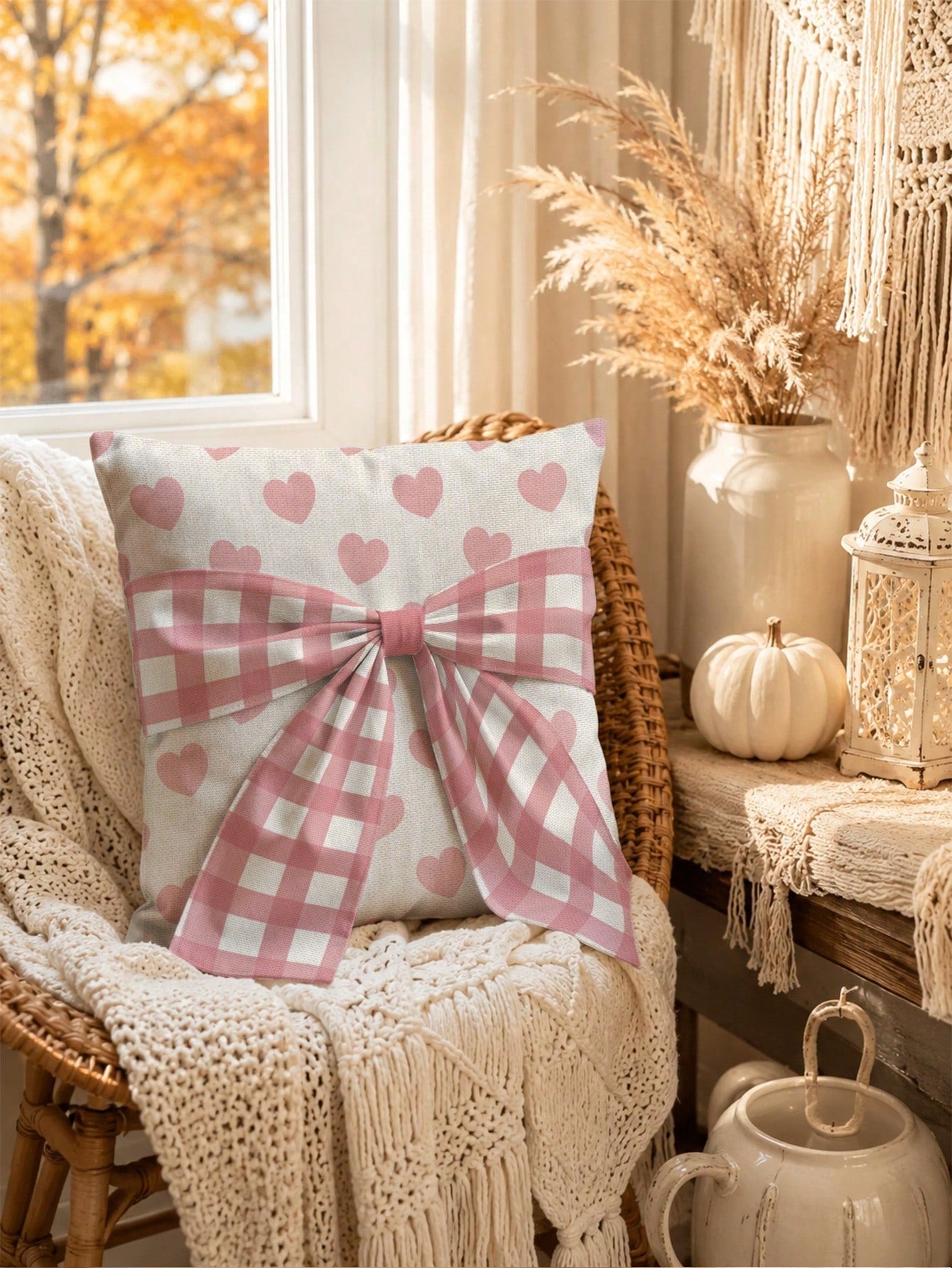 1pc Faux Linen Pink Heart Pattern Bow Tie Decorative Cushion Cover, Single-Sided Print Faux Linen Polyester Material, 45*45CM/18*18inch Pillowcase Suitable For Room Decoration, Modern Minimalist Sofa