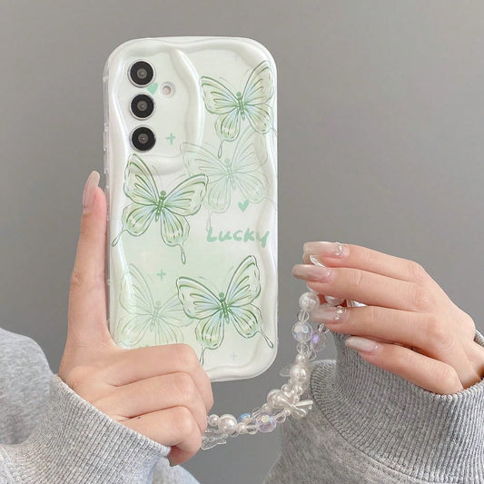 1pc Fresh Lucky Butterfly Beaded Bracelet, Cream Pattern Soft Shell Anti-Drop Phone Case, Asymmetrical Shape Phone Case Compatible With Android Series. [International Version, Not Local Version] S26U