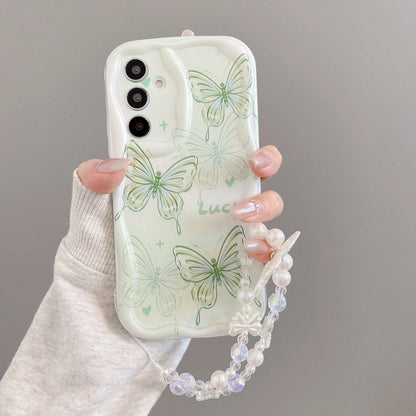1pc Fresh Lucky Butterfly Beaded Bracelet, Cream Pattern Soft Shell Anti-Drop Phone Case, Asymmetrical Shape Phone Case Compatible With Android Series. [International Version, Not Local Version] S26U