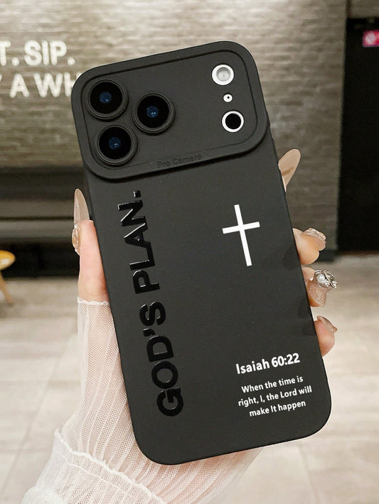 1pc God's Plan Cross Bible Verse Isaiah 60:22 Printed Shockproof Protective Phone Case, Minimalist Christian Faith Street Style Matte Black Anti-Drop Phone Cover, Suitable For Daily Use And Gift Givin