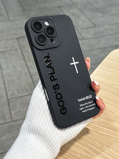 1pc God's Plan Cross Bible Verse Isaiah 60:22 Printed Shockproof Protective Phone Case, Minimalist Christian Faith Street Style Matte Black Anti-Drop Phone Cover, Suitable For Daily Use And Gift Givin