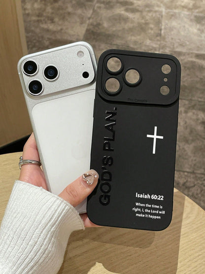 1pc God's Plan Cross Bible Verse Isaiah 60:22 Printed Shockproof Protective Phone Case, Minimalist Christian Faith Street Style Matte Black Anti-Drop Phone Cover, Suitable For Daily Use And Gift Givin
