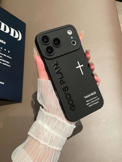 1pc God's Plan Cross Bible Verse Isaiah 60:22 Printed Shockproof Protective Phone Case, Minimalist Christian Faith Street Style Matte Black Anti-Drop Phone Cover, Suitable For Daily Use And Gift Givin