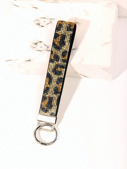 1pc Gold & Diamond Decorated Bling Glitter Wristband With Open Circle Keychain, Suitable For Clutch And Keychain Leopard Print