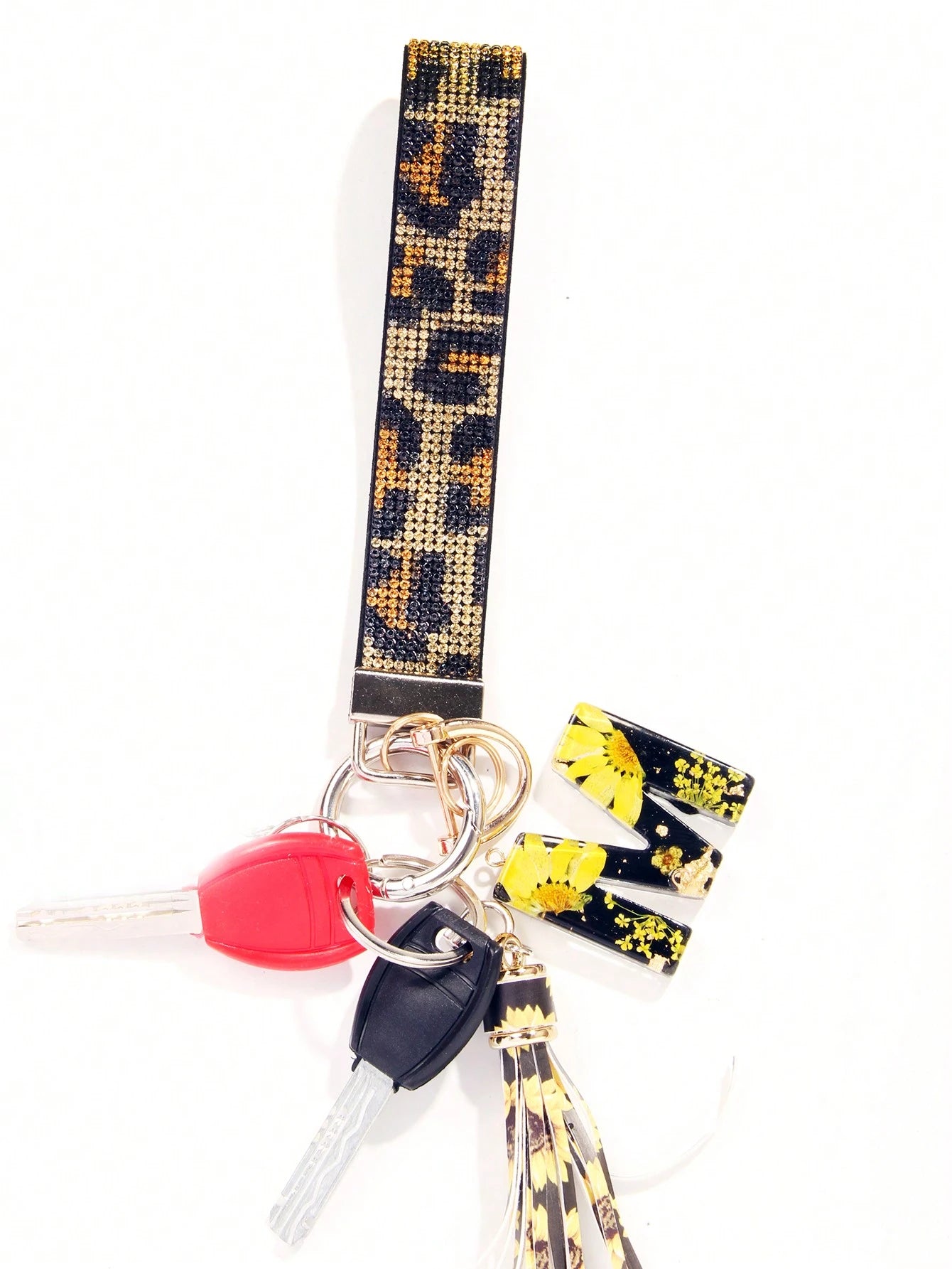 1pc Gold & Diamond Decorated Bling Glitter Wristband With Open Circle Keychain, Suitable For Clutch And Keychain Leopard Print