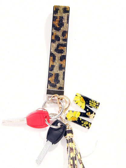 1pc Gold & Diamond Decorated Bling Glitter Wristband With Open Circle Keychain, Suitable For Clutch And Keychain Leopard Print