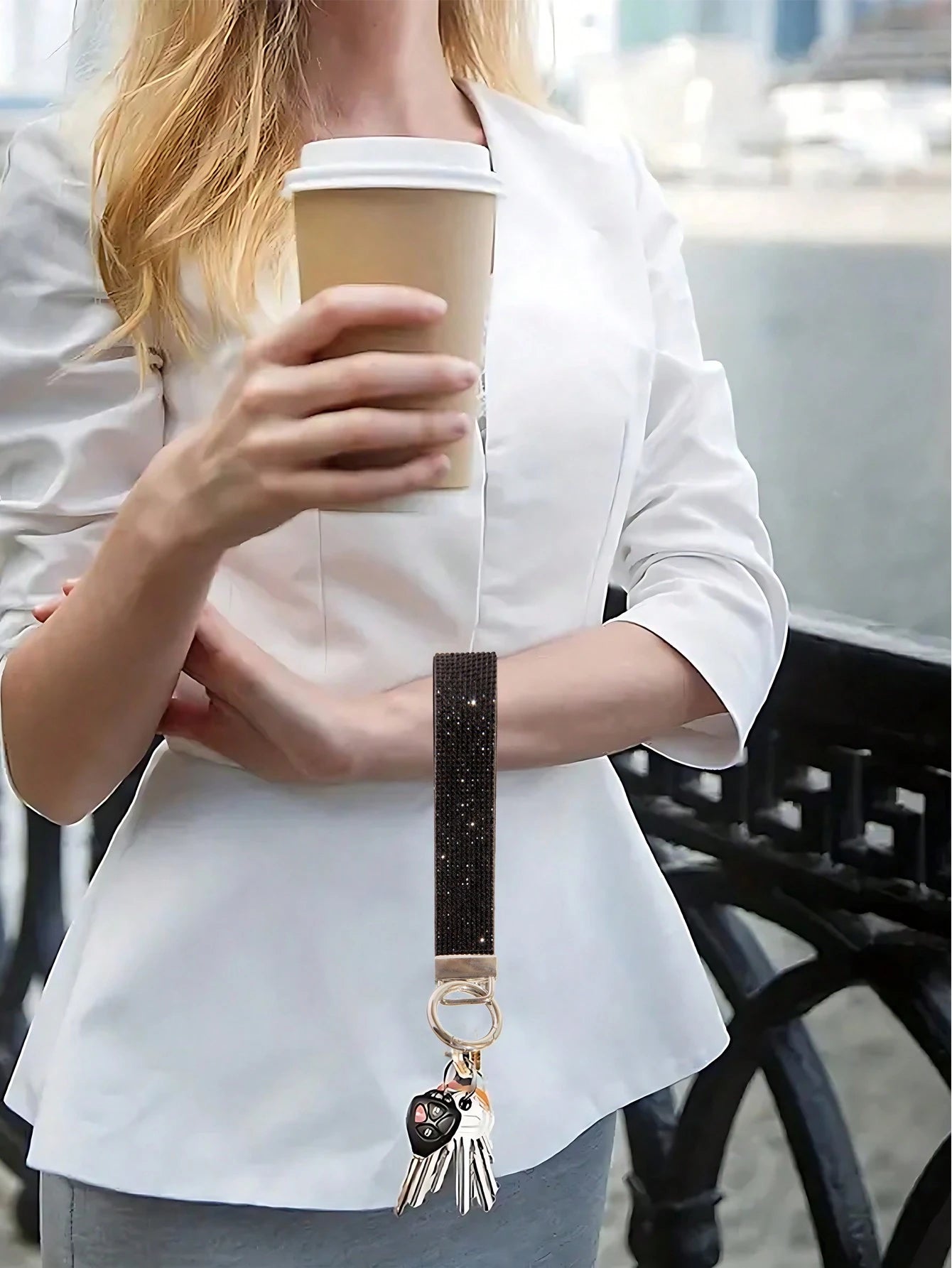 1pc Gold & Diamond Decorated Bling Glitter Wristband With Open Circle Keychain, Suitable For Clutch And Keychain Leopard Print
