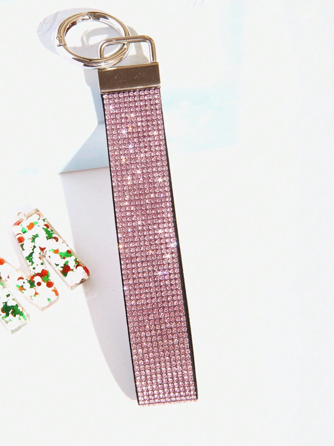 1pc Gold & Diamond Decorated Bling Glitter Wristband With Open Circle Keychain, Suitable For Clutch And Keychain Leopard Print