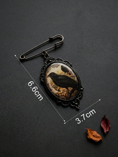 1pc Gothic Dark Style Vintage Fashion Crow Oil Painting Design Lace Brooch, Creative Pin, Collar Button, Suitable For Halloween Party And Gathering