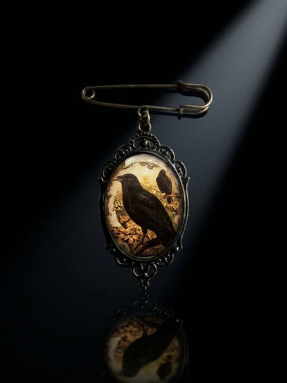 1pc Gothic Dark Style Vintage Fashion Crow Oil Painting Design Lace Brooch, Creative Pin, Collar Button, Suitable For Halloween Party And Gathering