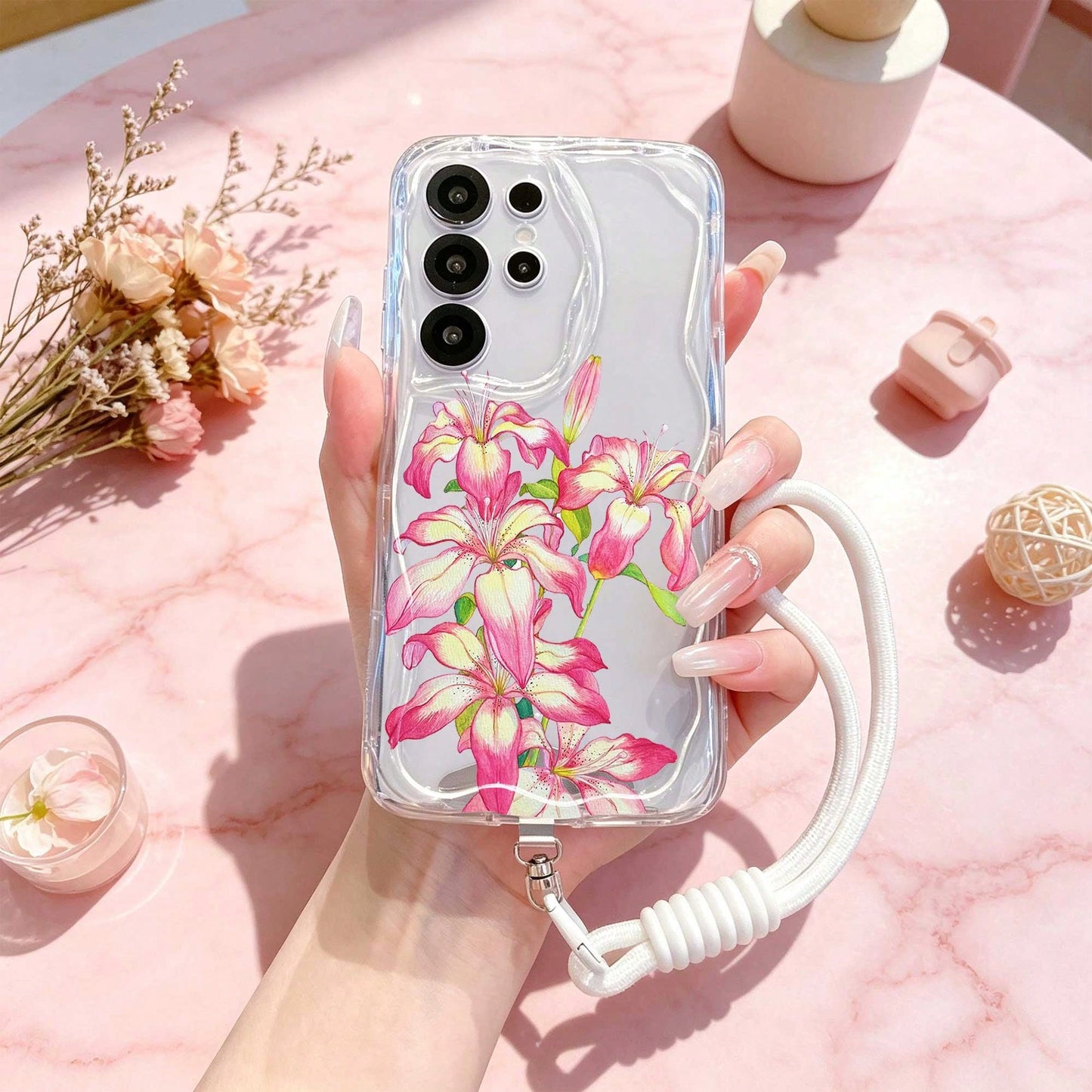 1pc Gradient Lily Flower Pattern Cream Wavy Anti-Drop Protective Phone Case + Hand Strap Accessory Compatible With Galaxy S23/S24/S25/S26/S26Ultra/S26 Plus/A57/A37/A17/A07/ Note13Pro/ A3X/ Y21 Series