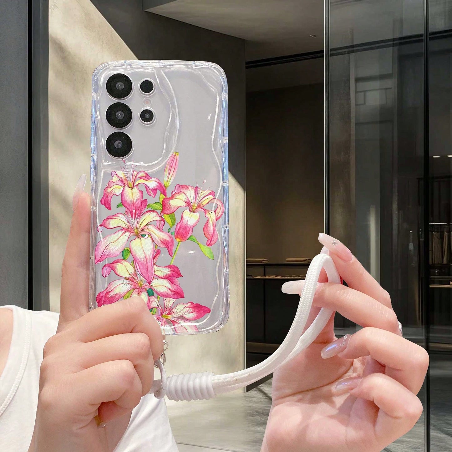 1pc Gradient Lily Flower Pattern Cream Wavy Anti-Drop Protective Phone Case + Hand Strap Accessory Compatible With Galaxy S23/S24/S25/S26/S26Ultra/S26 Plus/A57/A37/A17/A07/ Note13Pro/ A3X/ Y21 Series