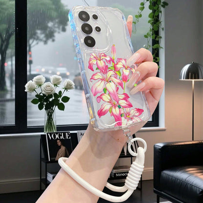 1pc Gradient Lily Flower Pattern Cream Wavy Anti-Drop Protective Phone Case + Hand Strap Accessory Compatible With Galaxy S23/S24/S25/S26/S26Ultra/S26 Plus/A57/A37/A17/A07/ Note13Pro/ A3X/ Y21 Series