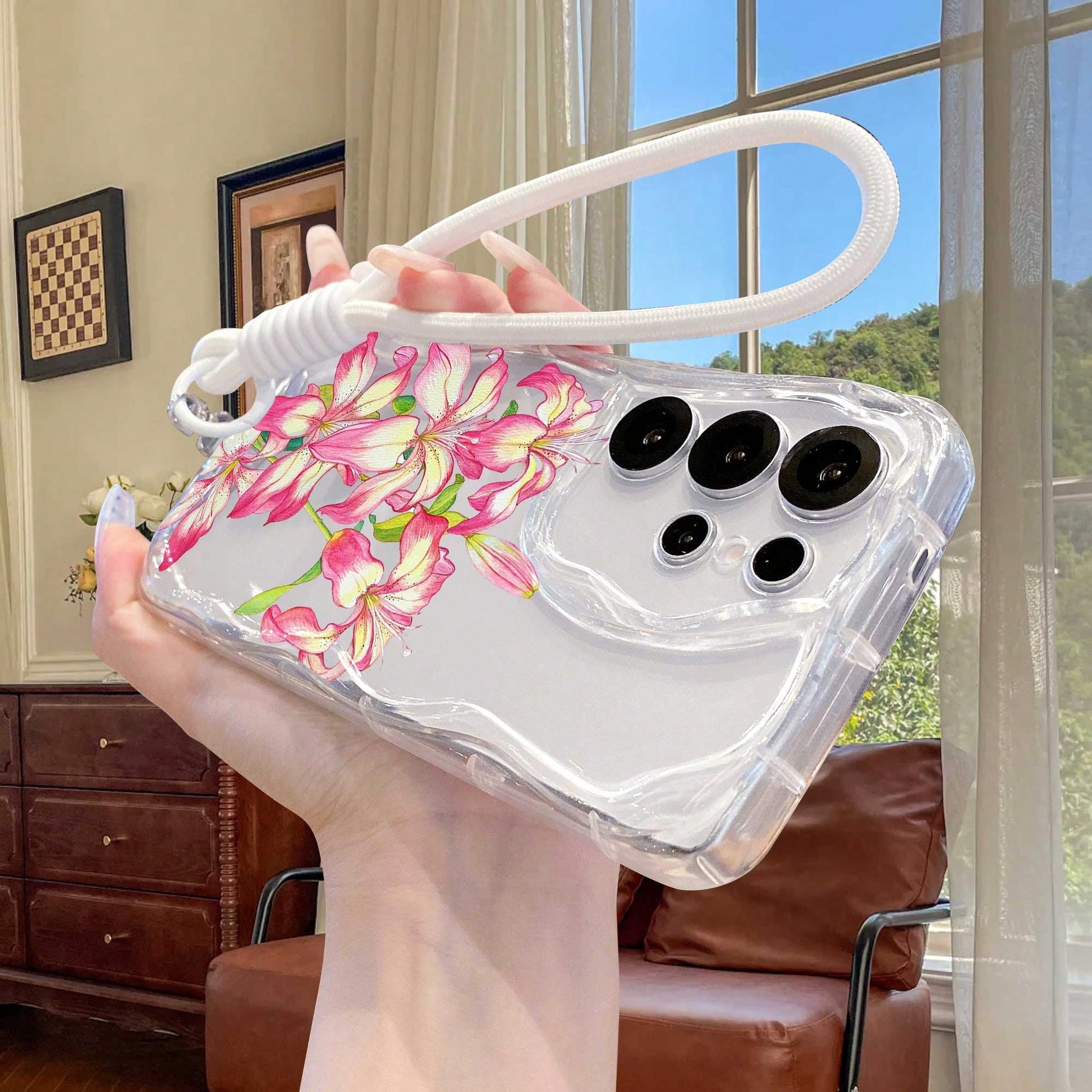 1pc Gradient Lily Flower Pattern Cream Wavy Anti-Drop Protective Phone Case + Hand Strap Accessory Compatible With Galaxy S23/S24/S25/S26/S26Ultra/S26 Plus/A57/A37/A17/A07/ Note13Pro/ A3X/ Y21 Series