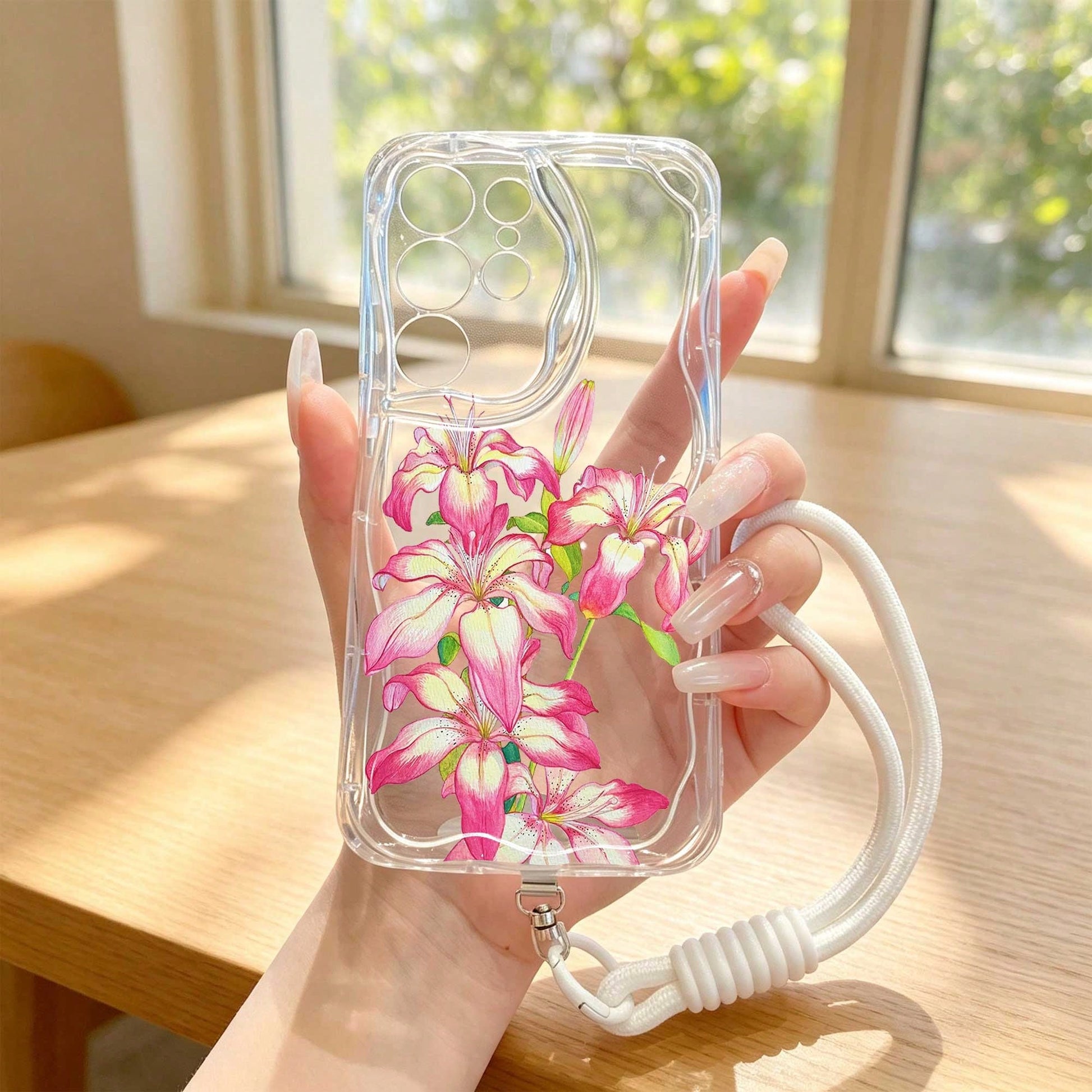 1pc Gradient Lily Flower Pattern Cream Wavy Anti-Drop Protective Phone Case + Hand Strap Accessory Compatible With Galaxy S23/S24/S25/S26/S26Ultra/S26 Plus/A57/A37/A17/A07/ Note13Pro/ A3X/ Y21 Series