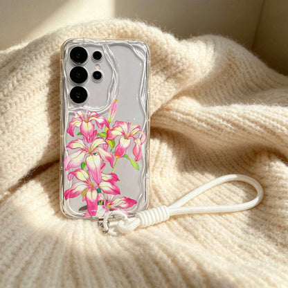 1pc Gradient Lily Flower Pattern Cream Wavy Anti-Drop Protective Phone Case + Hand Strap Accessory Compatible With Galaxy S23/S24/S25/S26/S26Ultra/S26 Plus/A57/A37/A17/A07/ Note13Pro/ A3X/ Y21 Series