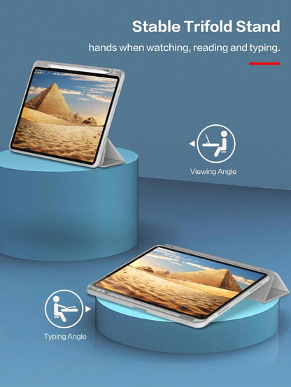 1pc Grey Tri-Fold Silicone Foldable Protective Case, Ultra-Thin Shockproof Anti-Drop Stand With Pen Slot, Compatible With IPad Mini 4/5/6, 9.7/10.2/10.5 Inch, Air 4/5/6, 10th Gen, 10.9 Inch, Pro 11 In