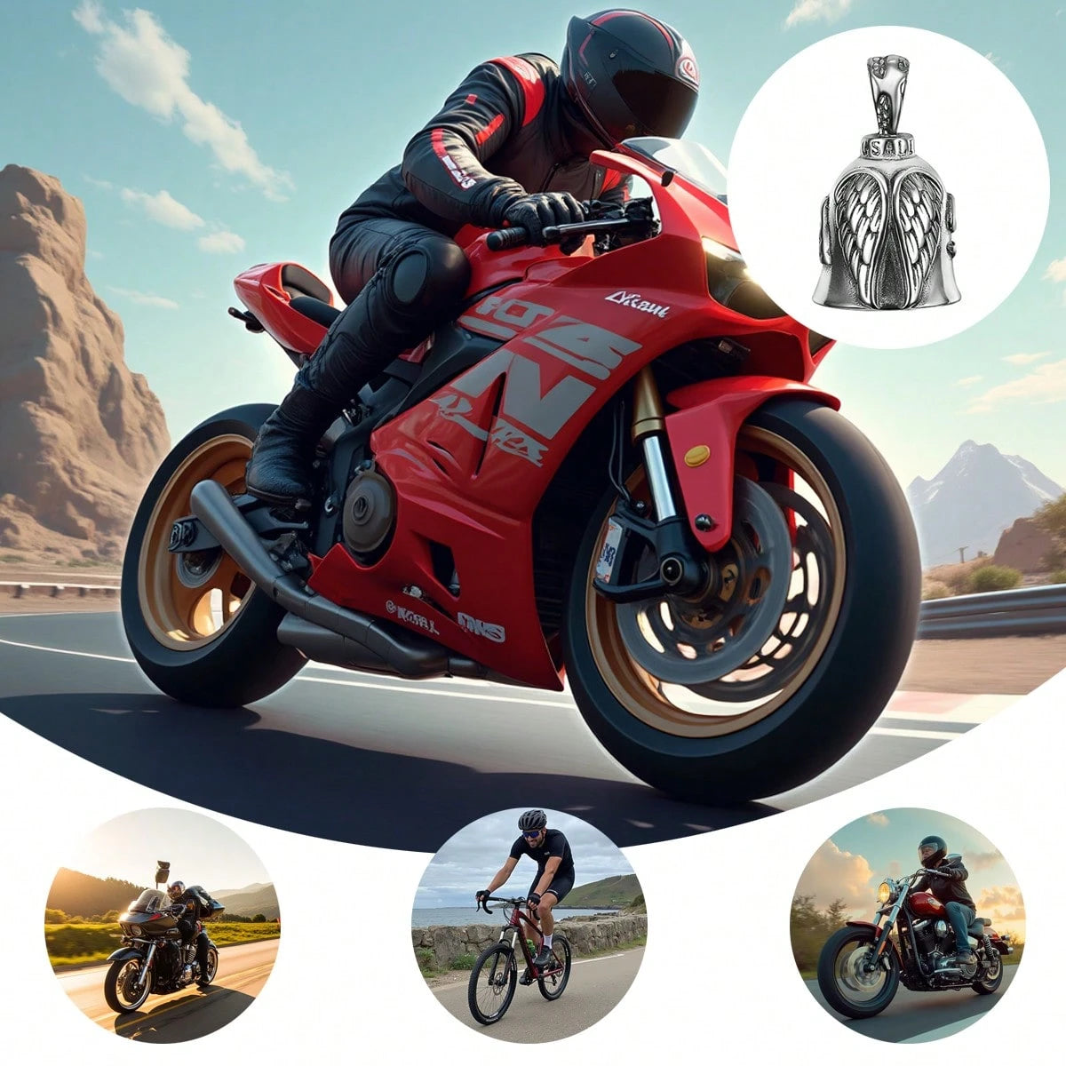 1pc Guardian Angel Motorcycle Bell Good Luck Charm Keychain Pendant Accessories, Gift For Bike, Friends