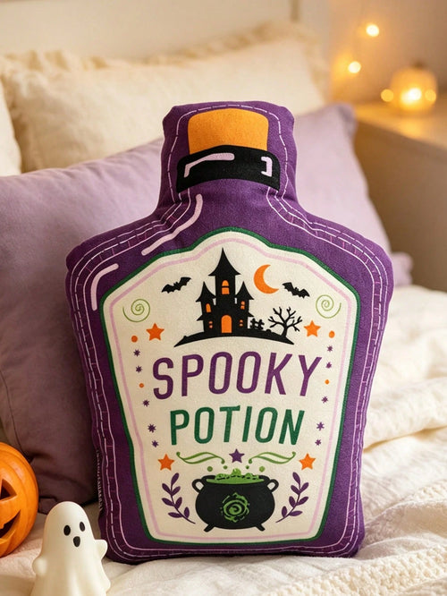 1pc Halloween Magic Potion Bottle Shaped Throw Pillow, Purple Haunted House Castle Print, Suitable For Living Room Sofa Cushion, Holiday Atmosphere, Bedside Versatile Decorative Pillow, Bedroom Decor