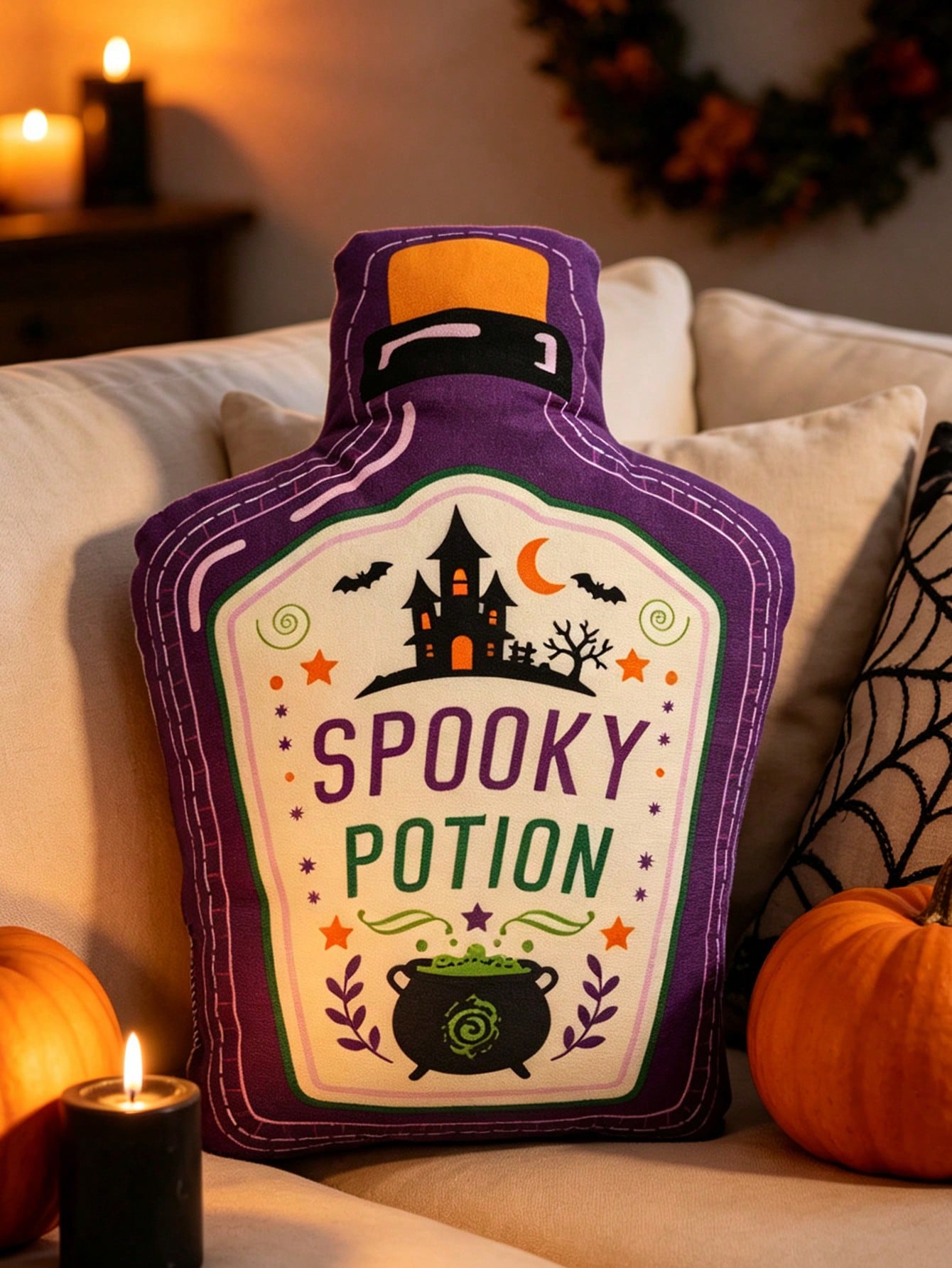 1pc Halloween Magic Potion Bottle Shaped Throw Pillow, Purple Haunted House Castle Print, Suitable For Living Room Sofa Cushion, Holiday Atmosphere, Bedside Versatile Decorative Pillow, Bedroom Decor
