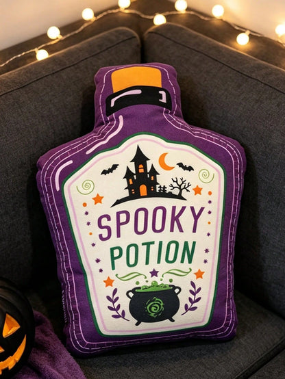 1pc Halloween Magic Potion Bottle Shaped Throw Pillow, Purple Haunted House Castle Print, Suitable For Living Room Sofa Cushion, Holiday Atmosphere, Bedside Versatile Decorative Pillow, Bedroom Decor