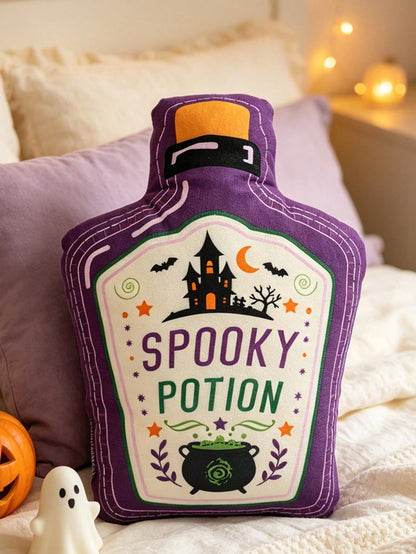 1pc Halloween Magic Potion Bottle Shaped Throw Pillow, Purple Haunted House Castle Print, Suitable For Living Room Sofa Cushion, Holiday Atmosphere, Bedside Versatile Decorative Pillow, Bedroom Decor