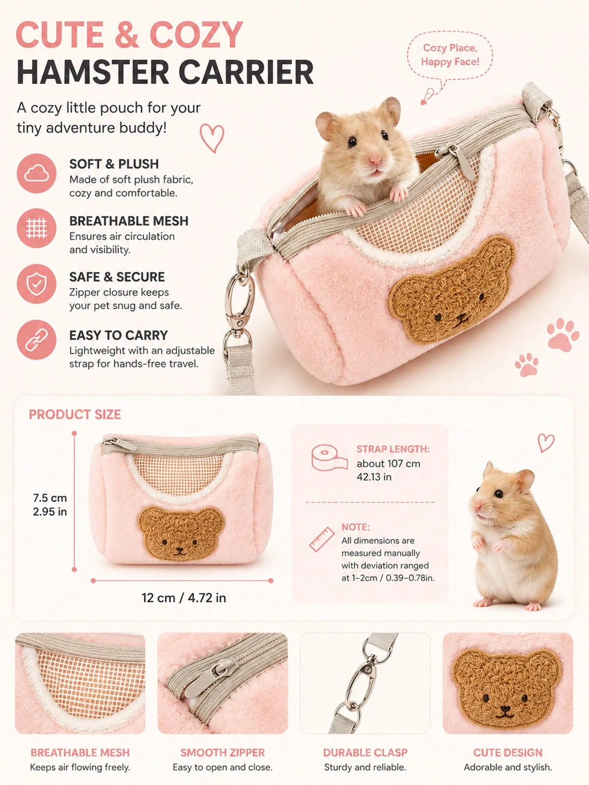 1pc Hamster Outdoor Sling Bag, Portable Hamster Carrying Bag, Warm Pet Carrier