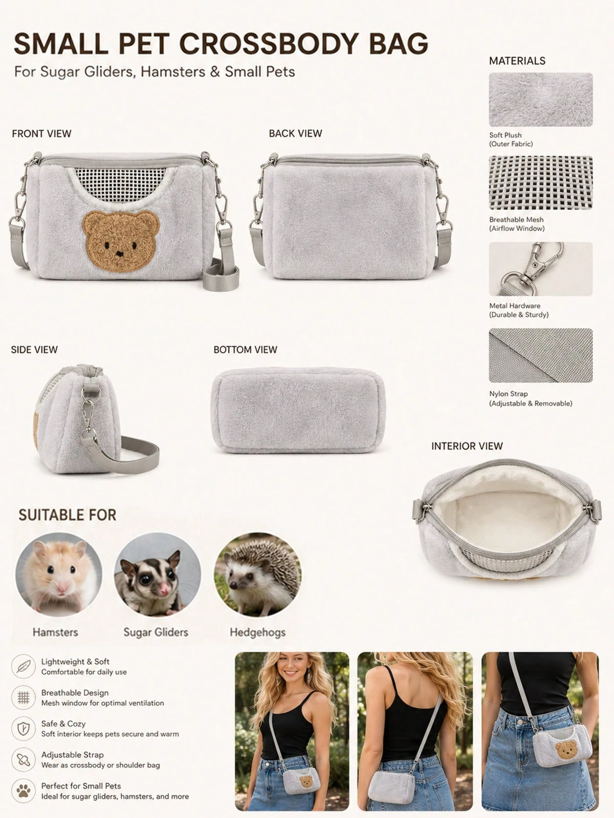 1pc Hamster Outdoor Sling Bag, Portable Hamster Carrying Bag, Warm Pet Carrier
