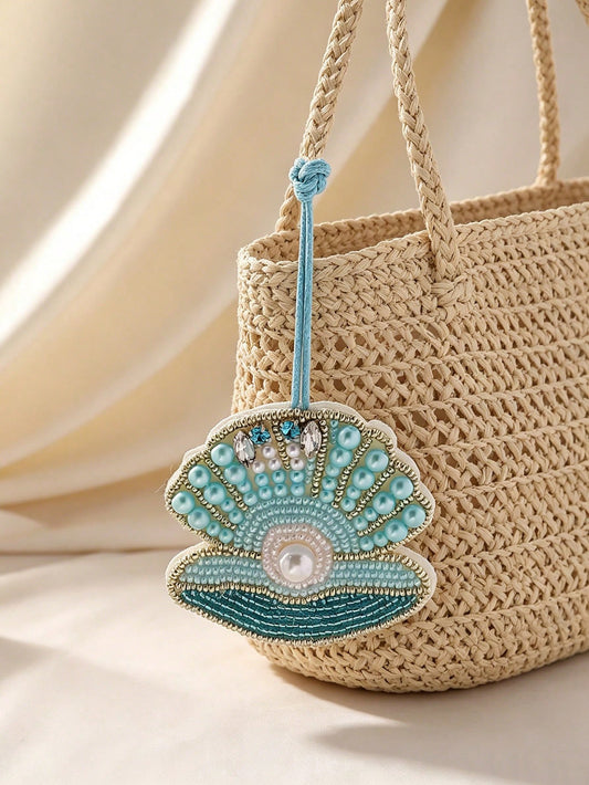 1pc Handmade Beaded Embroidered Shell Bag Charm, Bohemian Style Faux Pearl & Crystal Embellished Pendant, Suitable For Women Summer Beach Holiday Accessories Festival Graduation Gift Beach Essentials